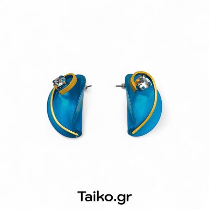 Χειροποίητα σκουλαρίκια (καρφωτά) από ορείχαλκο με τρισδιάστατη σχεδίαση σε δίχρωμη μεταλλική τυρκουάζ/χρυσαφί απόχρωση και διάφανα ζιργκόν