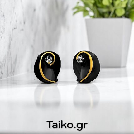 Χειροποίητα σκουλαρίκια (καρφωτά) από ορείχαλκο με τρισδιάστατη σχεδίαση σε δίχρωμη μεταλλική μαύρη/χρυσαφί απόχρωση και διάφανα ζιργκόν