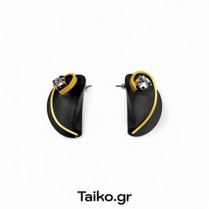 Χειροποίητα σκουλαρίκια (καρφωτά) από ορείχαλκο με τρισδιάστατη σχεδίαση σε δίχρωμη μεταλλική μαύρη/χρυσαφί απόχρωση και διάφανα ζιργκόν
