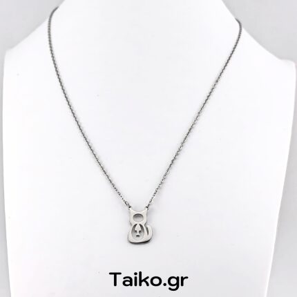 Ατσάλινο κολιέ με λεπτή αλυσίδα και μενταγιόν γάτα με ψαράκι