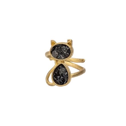 Χειροποίητο δαχτυλίδι (με ρυθμιζόμενο μέγεθος) από επιχρυσωμένο ορείχαλκο, με σχήμα γάτας και πέτρες μαύρου όνυχα