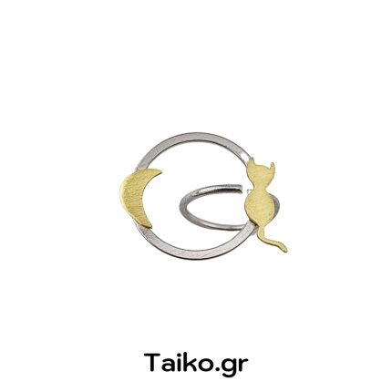Xειροποίητο δαχτυλίδι με επίχρυσες φιγούρες φεγγάρι και γάτα σε κυκλικό στοιχείο από επαργυρωμένο ορείχαλκο (με ρυθμιζόμενο μέγεθος)