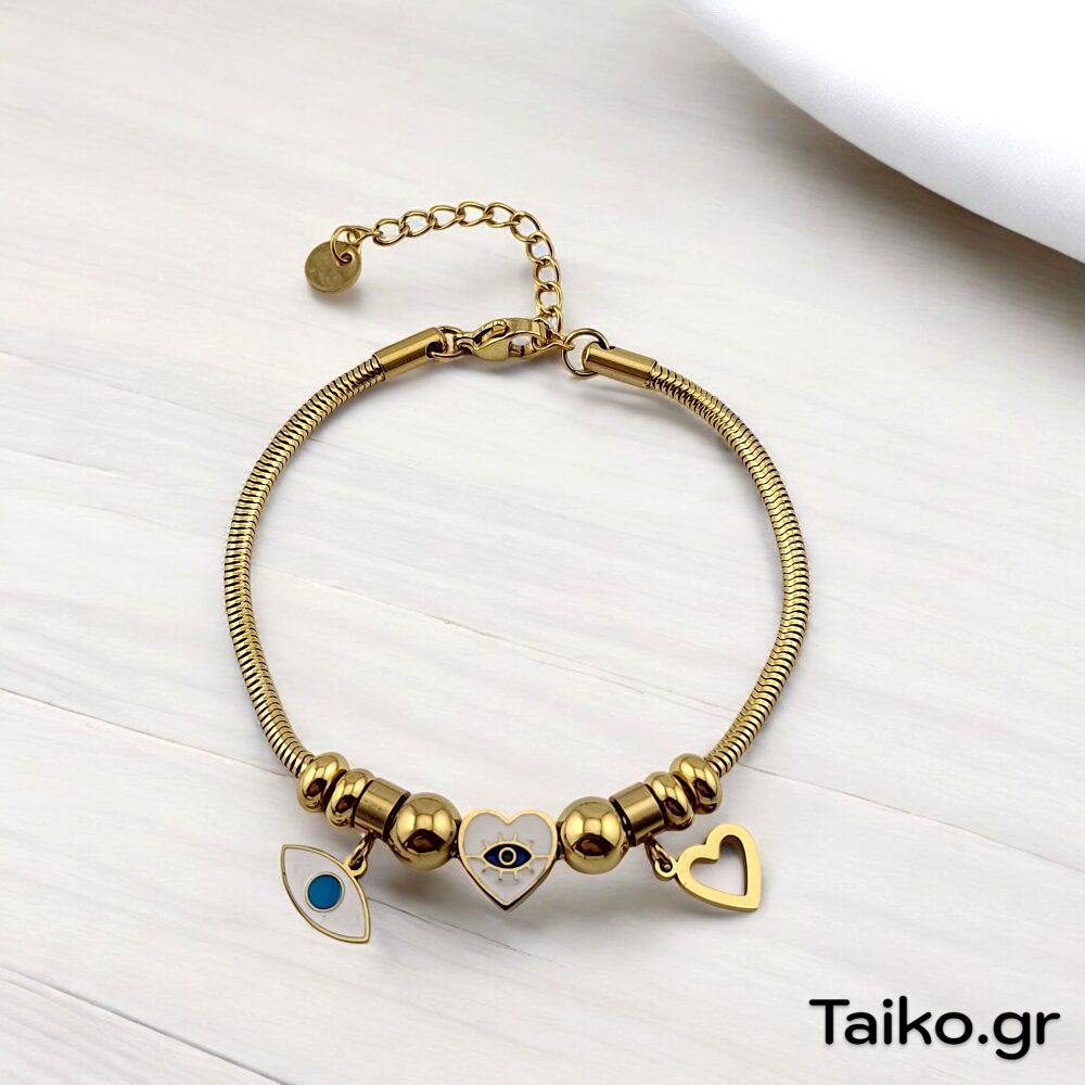 Βραχιόλι επίχρυσο με αλυσίδα και charms καρδούλες και ματάκια από ανοξείδωτο ατσάλι και λευκό σμάλτο