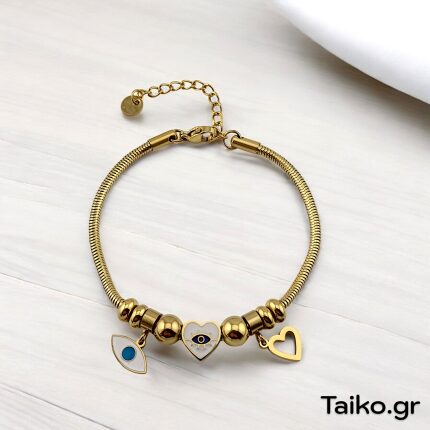 Βραχιόλι επίχρυσο με αλυσίδα και charms καρδούλες και ματάκια από ανοξείδωτο ατσάλι και λευκό σμάλτο