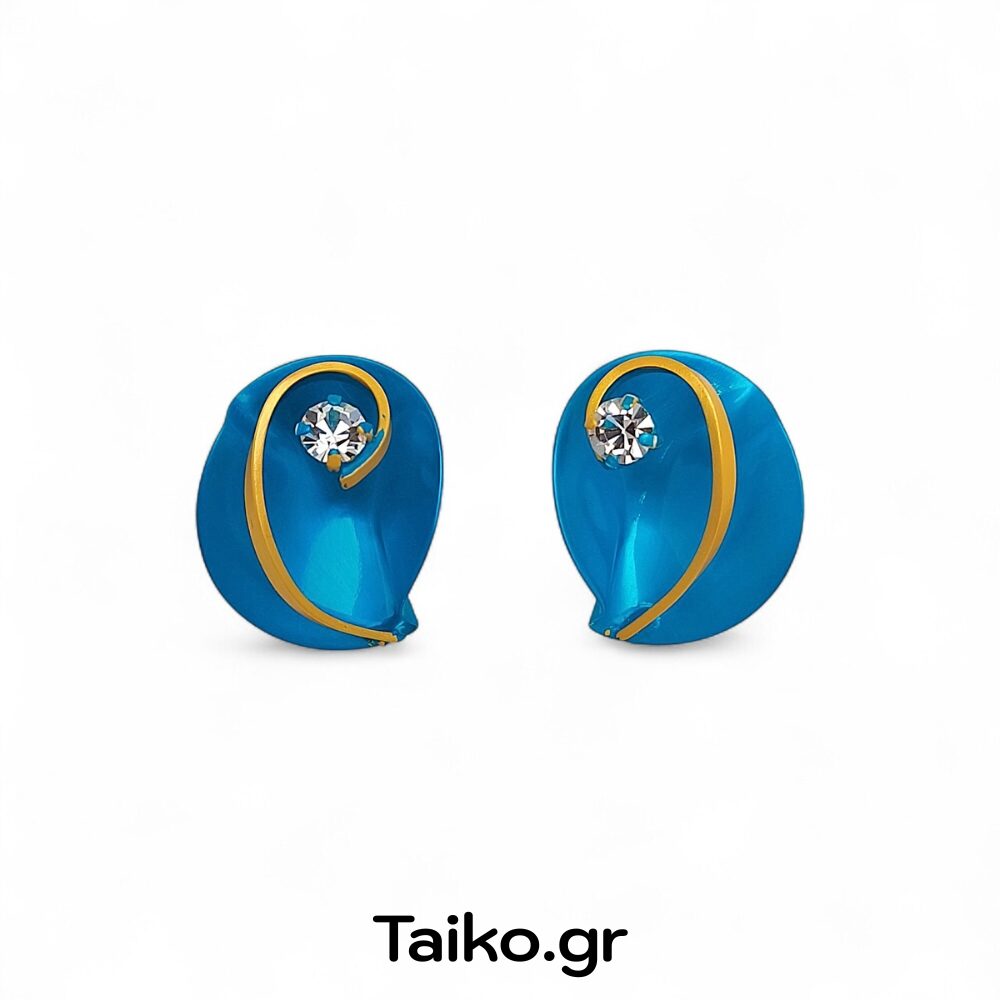 Χειροποίητα σκουλαρίκια (καρφωτά) από ορείχαλκο με τρισδιάστατη σχεδίαση σε δίχρωμη μεταλλική τυρκουάζ/χρυσαφί απόχρωση και διάφανα ζιργκόν