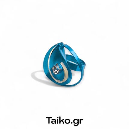 Χειροποίητο δαχτυλίδι δίχρωμο (με ρυθμιζόμενο μέγεθος/one size) με ακανόνιστη επιφάνεια από ορείχαλκο τρισδιάστατης σχεδίασης με  μεταλλική τυρκουάζ/ασημί απόχρωση και ζιργκόν
