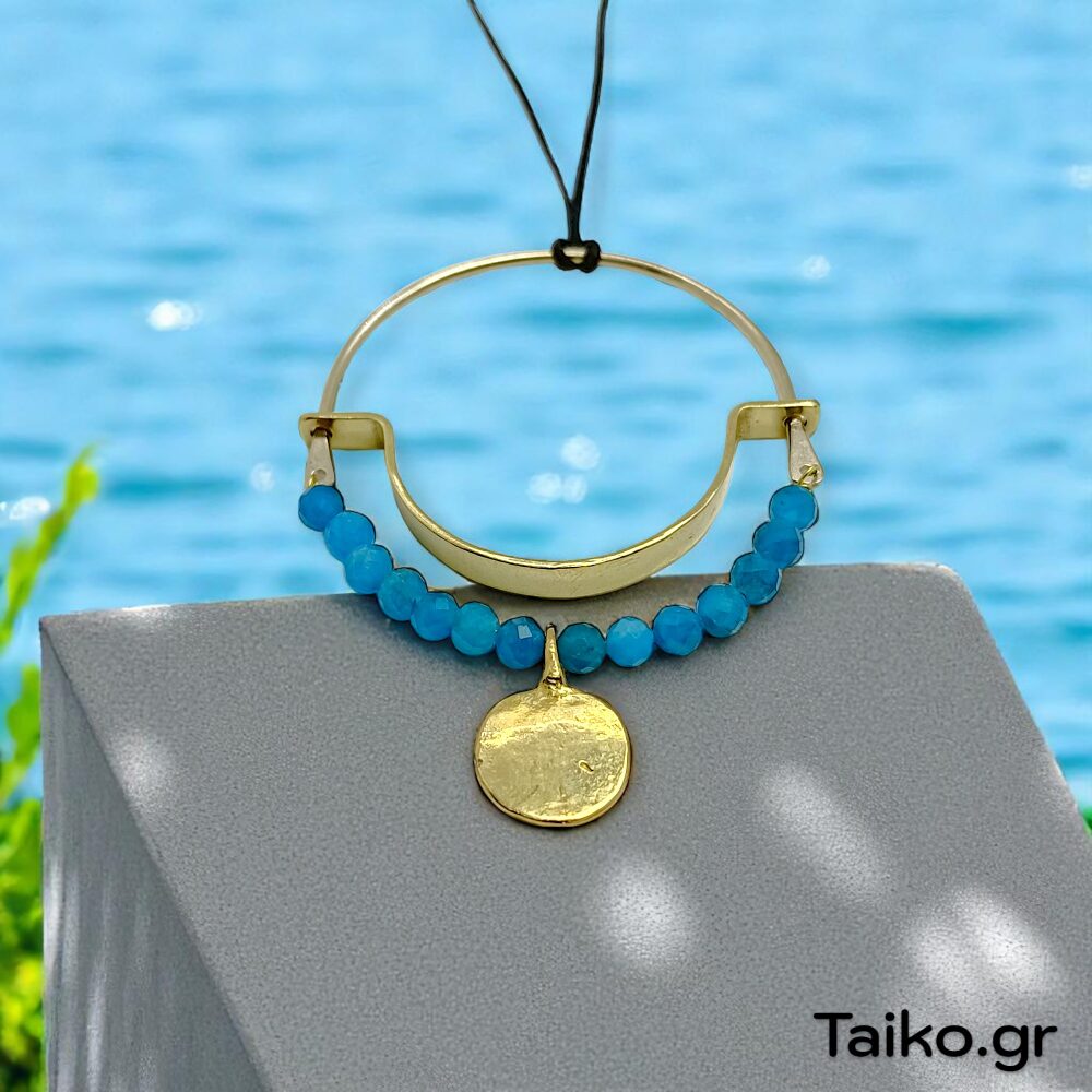 Χειροποίητο κολιέ (μακρύ) με μαύρη κηροκλωστή και δίχρωμα ημικύκλια στοιχεία από ορείχαλκο, συνδυασμένα με μικρές πολυγωνικές χάντρες σε γαλαζοπράσινη απόχρωση