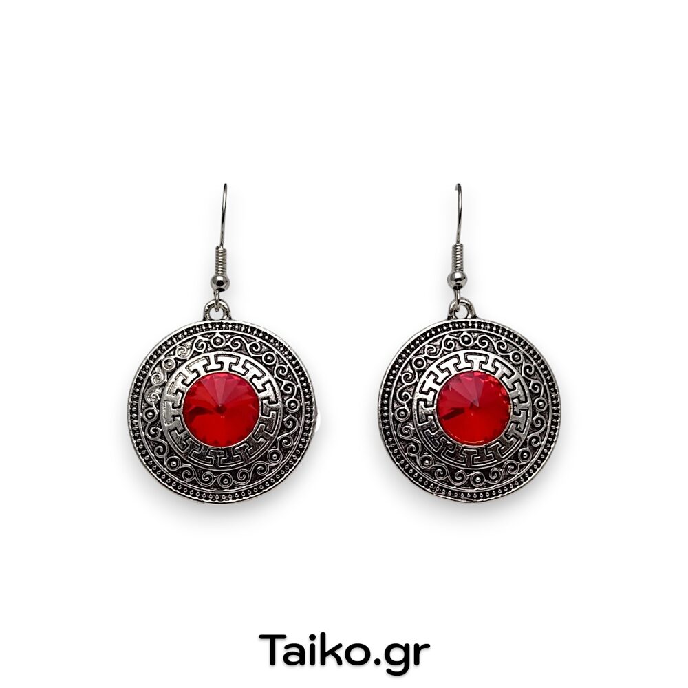 Boho/ethnic σκουλαρίκια (κρεμαστά) σε ασημί αντικέ χρώμα από αλπακά και συνδυασμένα με στρογγυλούς κόκκινους κρυστάλλους