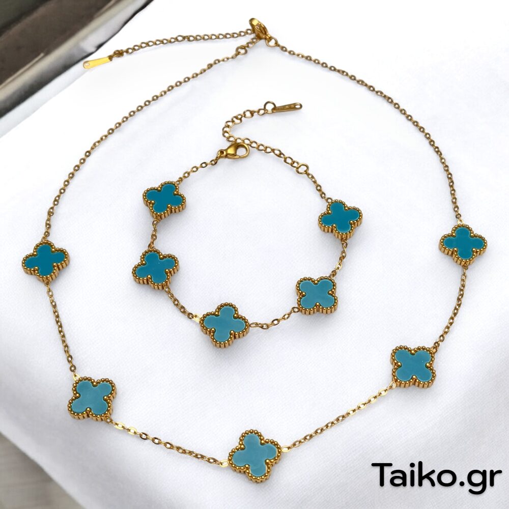 Σετ κοσμημάτων (βραχιόλι και κολιέ) από ανοξείδωτο ατσάλι με σχήμα τετράφυλλα τριφύλλια-σταυρούς σε πράσινο πετρόλ χρώμα