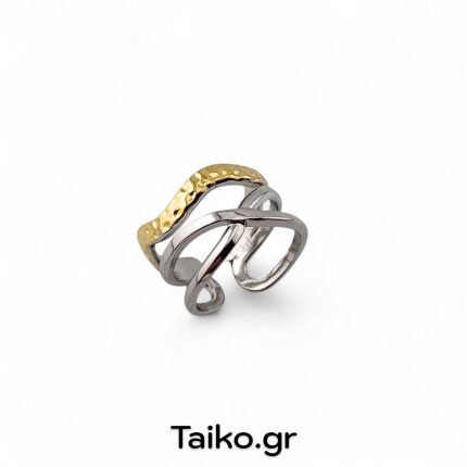 Ατσάλινο δαχτυλίδι με λεία και σφυρήλατη επιφάνεια σε δίχρωμη απόχρωση (one size/ρυθμιζόμενο μέγεθος)