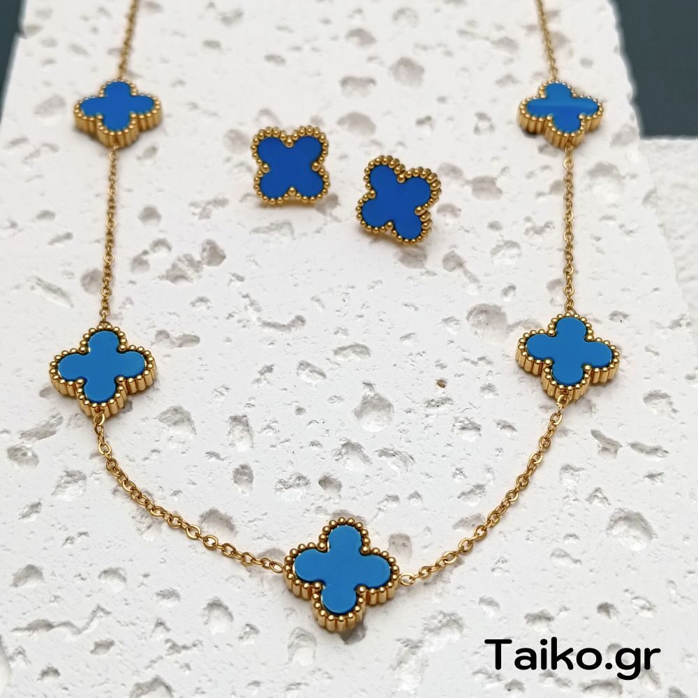 Σετ κοσμημάτων (σκουλαρίκια και κολιέ) από ανοξείδωτο ατσάλι με σχήμα τετράφυλλα τριφύλλια-σταυρούς σε μπλε πετρόλ χρώμα