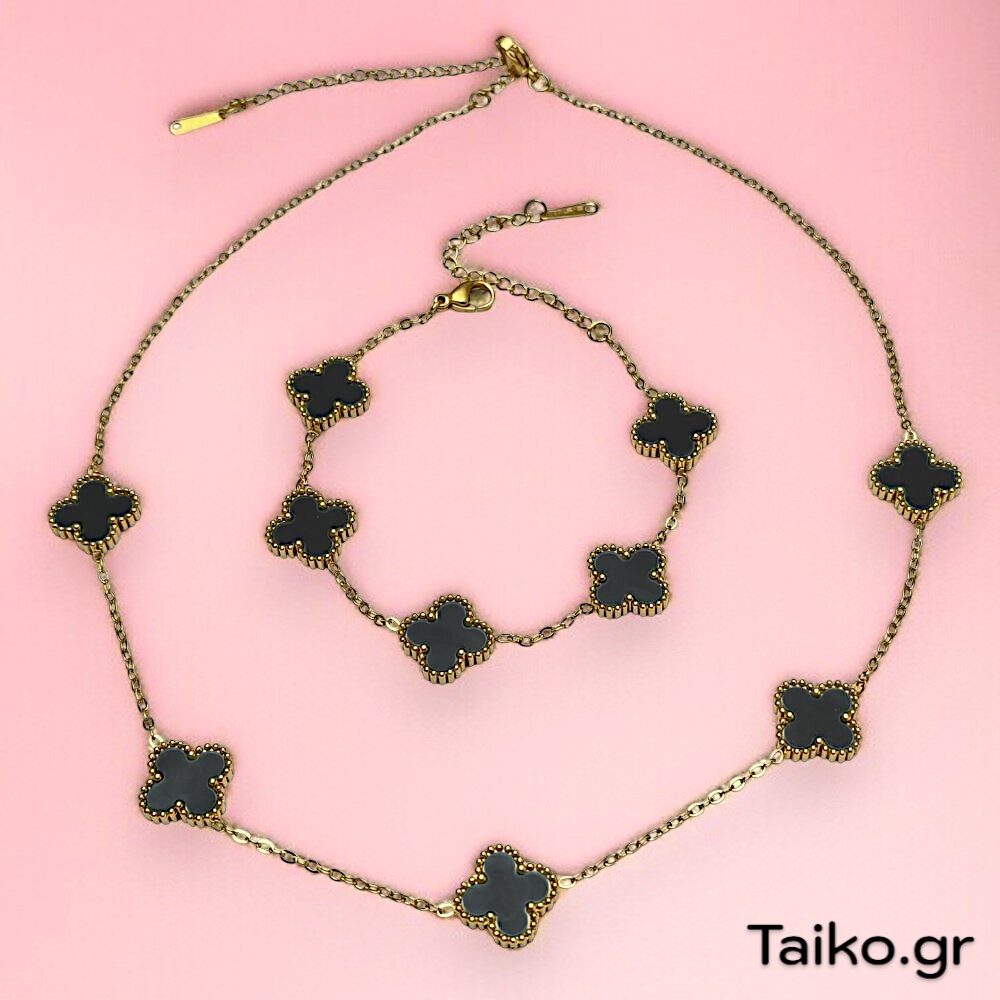 Σετ κοσμημάτων (βραχιόλι και κολιέ) από ανοξείδωτο ατσάλι με σχήμα τετράφυλλα τριφύλλια-σταυρούς σε μαύρο χρώμα